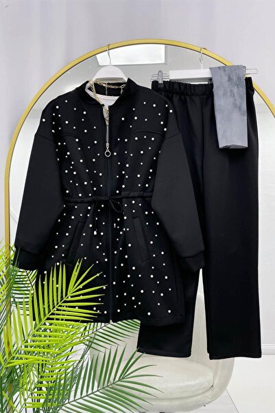 ÇALIŞKAN MODA Pearl-Embroidered Zippered Jacket and Pants Double Set (Include...
