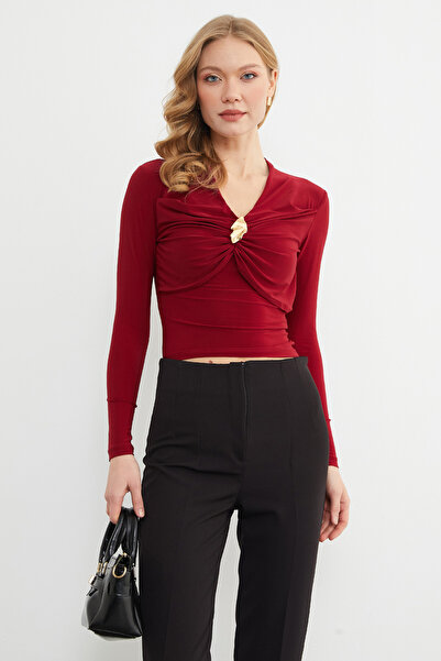 Fulla Moda Draped Buckle Detailed V-Neck Blouse