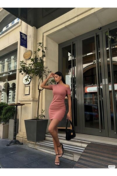 Modafeminen Asimetrik Yaka Mini Davet Elbise 582978 GÜLKURUSU