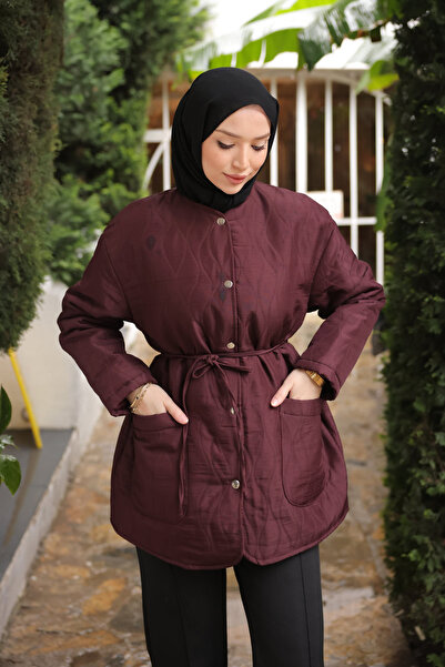 İmajButik Plum Quilted Patterned Lined Snap Fastener Jacket