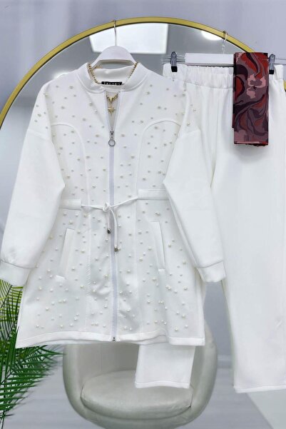 ÇALIŞKAN MODA Pearl-Embroidered Zippered Jacket and Pants Double Set (Include...
