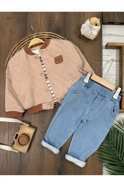 my petit panda Striped Sweatshirt with Quilted Jacket and Jeans Trousers 3-Pi...