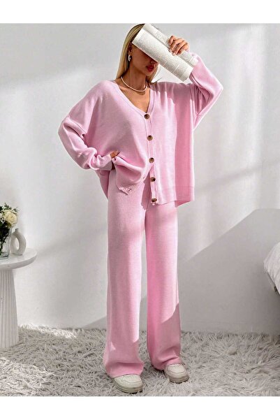 KAREN TEKSTİL V-Neck Cardigan-Pants Bottom-Üt 2-Piece Set