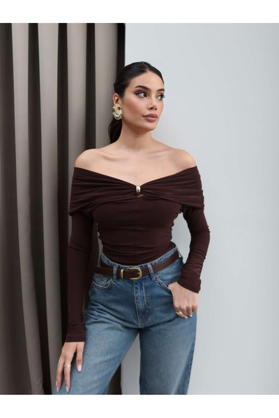 My Blog Brown Collar Brooch Open Shoulder Blouse - 0741