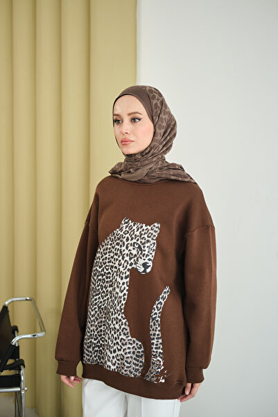 LOCCO Women's Leopard Tiger Look Oversized Sweat Brown