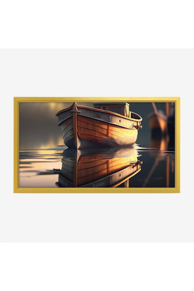Tajridhome لوحة بحرية لقارب خشبي عائم بألوان دافئة تعكس هدوء المياه، جو ساحر ...