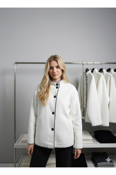 ribana Women's Mock Neck shearling-look cropped coat with stitch detail d99879