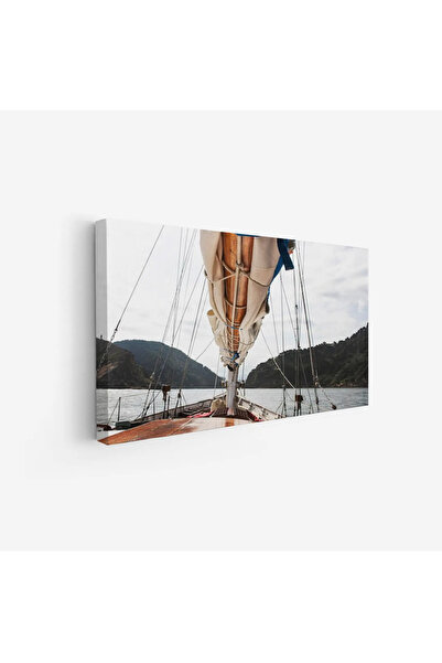 Tajridhome A sea painting in calm colors that reflects the beauty of nature with a boat sailing among the mountains, inanimate objects and landmarks, canvas.