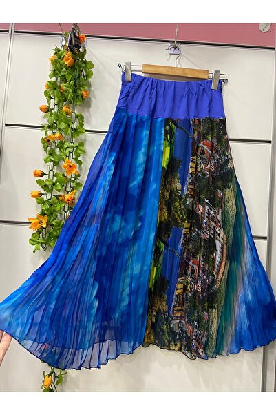 edu collection Midi Length Patterned Chiffon Skirt with Lining