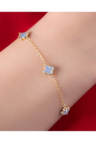 YCL JEWELLERY 14 Ayar Altın Parçalı Mavi Yonca Figürlü Bileklik