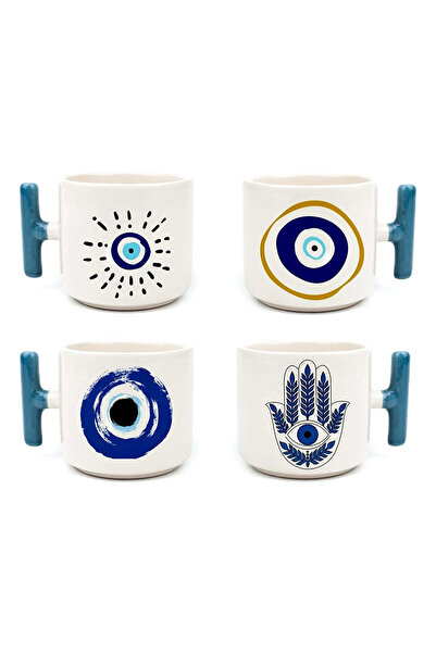 Mio Life Evil Eye Themed Printed 4-Piece Motto Handmade Blue Color T-Handled Cup