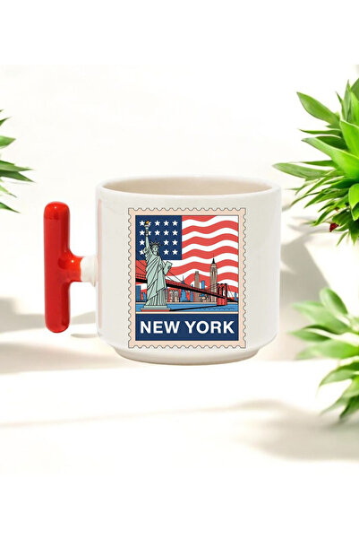 BB TRADE كوب سيراميك بتصميم نيويورك بمقبض أحمر مطبوع سعة 250 مل