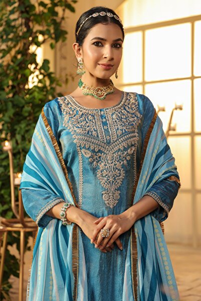 PRIYA'S PANACHE Bright Blue Shimmer Tissue Straight Kurta Set for Women with Chiffon Dupatta–Indian Ethnic Wear