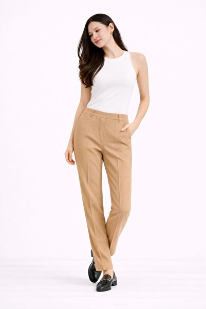 MG GİYİM STORE Women's Classic Cut Fabric Trousers - Black/Camel