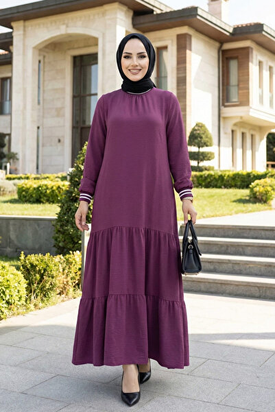 Hb Harma Time Butik Women's Ayrobin Sleeve Ribbed Long Pink Hijab Dress