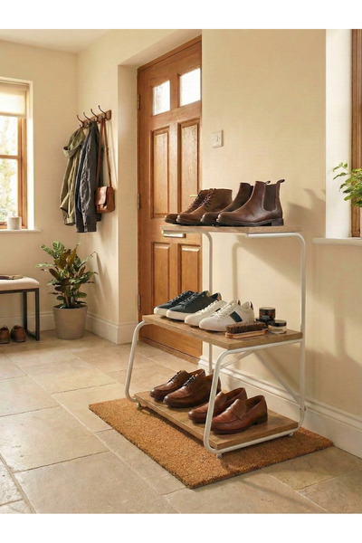 Boss Group Dekoratif 3 Katlı Metal İskeletli Ahşap Ayakkabılık Modern Antre R...