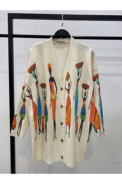 Hatun Atila Digital Printed Patterned V-Neck Buttoned Transitional Knitwear L...