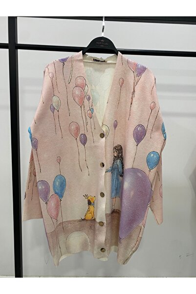 Hatun Atila Digital Printed Patterned V-Neck Buttoned Transitional Knitwear L...