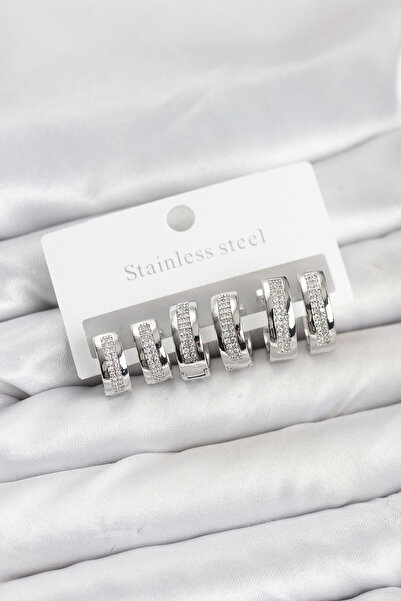 Twin Store مجموعة أقراط دائرية من الفولاذ الفضي 316L مرصعة بأحجار الزركون