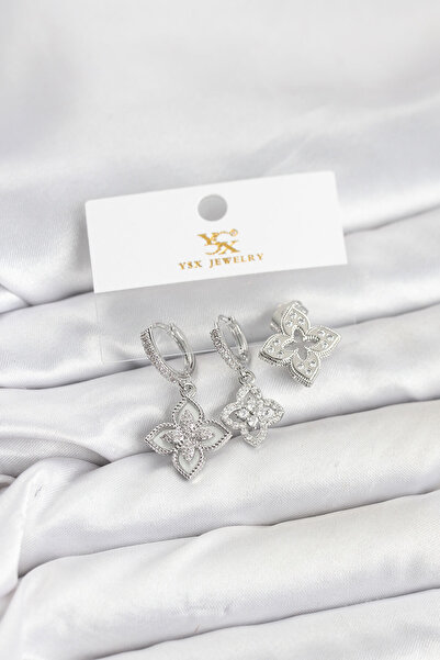 Clariss Brass Silver Color Clover Model Ysx Trio Earring Set - Kp-0732