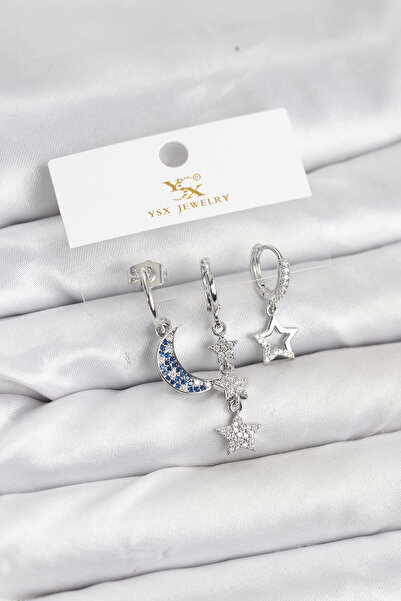 Clariss Brass Silver Color Zircon Stone Moon and Star Model Ysx Trio Earring Set -Kp-0733