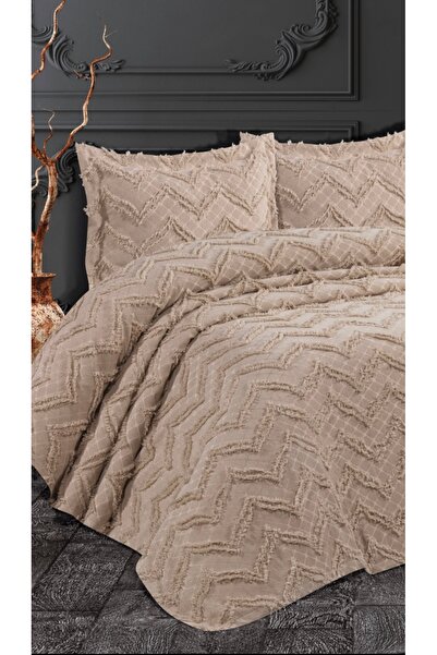 Lady London Ponpon Yatak Örtüsü-Afrodit Model- 3 Parça Çift Kişilik- CAPPUCİN...