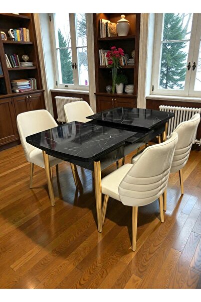 MSY HOME 4 Kişilik Premium Seri Gold Detaylı Krem Renk Siyah Mermer Desenli K...