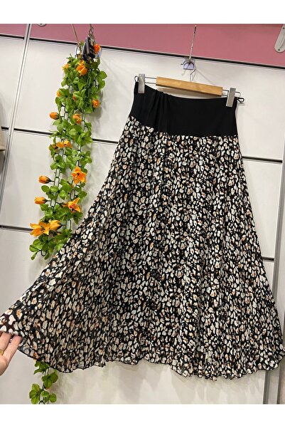 edu collection Midi Length Chiffon Patterned Skirt with Lining