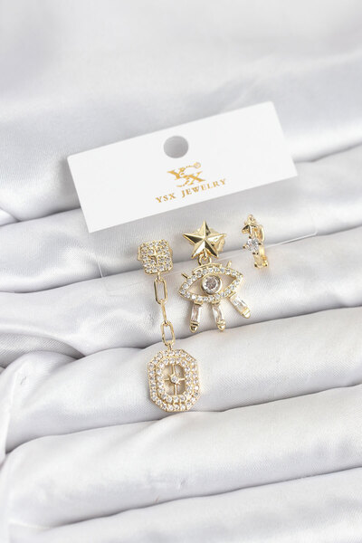 Clariss Brass Gold Color Eye and Pole Star Model Ysx Trio Earring Set -Kp-0998