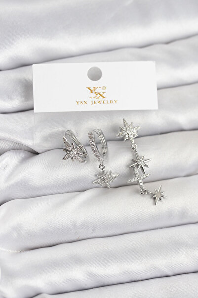 Clariss Brass Silver Color Zircon Stone Polar Star Model Ysx Trio Earring Set -Kp-0740