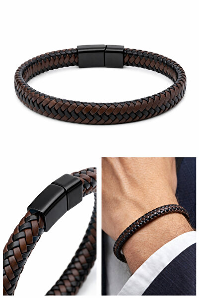 OEM Brățară bărbătească din piele împletită, maro și neagră, închidere magnet...