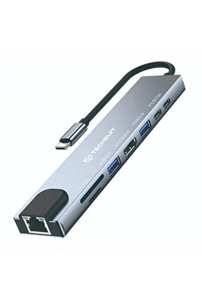 Techsuit Hub USB-C H2 NetBridge, 8 în 1, Gri