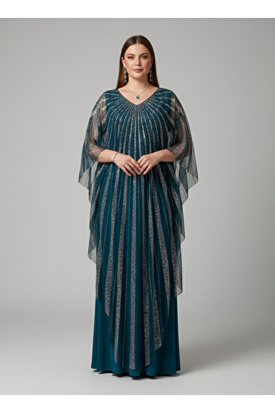 MODA BÜYÜK BEDEN V Yaka Simli Tül Pelerin Detaylı Uzun Şık Abiye Elbise