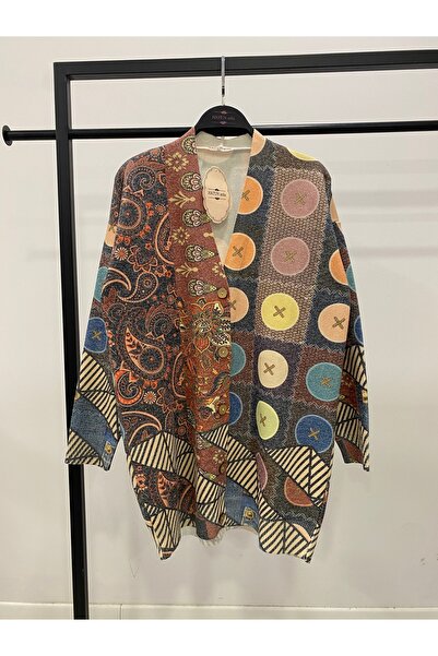 Hatun Atila Digital Printed Patterned V-Neck Buttoned Transitional Knitwear L...