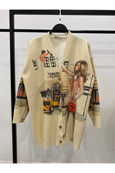 Hatun Atila Digital Printed Patterned V-Neck Buttoned Transitional Knitwear L...