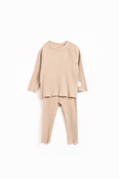 blumi kids طقم نوكتا مطبوع حياكة مضلعة علوي وسفلي – مينك