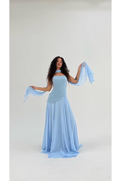 AYŞENUR DİNÇER Luna Fularlı Şifon Abiye Bebe Mavisi