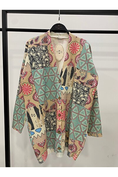 Hatun Atila Digital Printed Patterned V-Neck Buttoned Transitional Knitwear L...