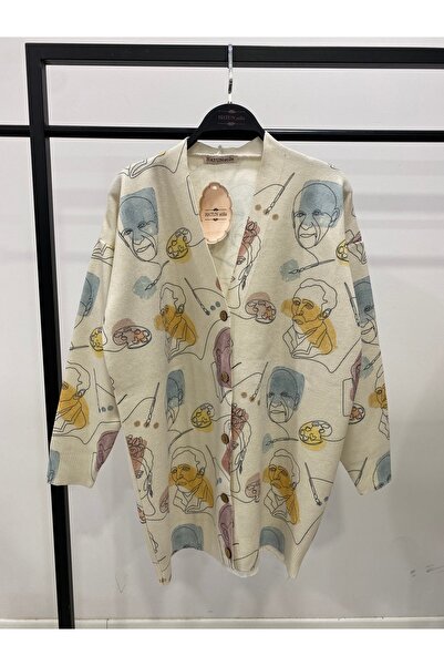 Hatun Atila Digital Printed Patterned V-Neck Buttoned Transitional Knitwear L...