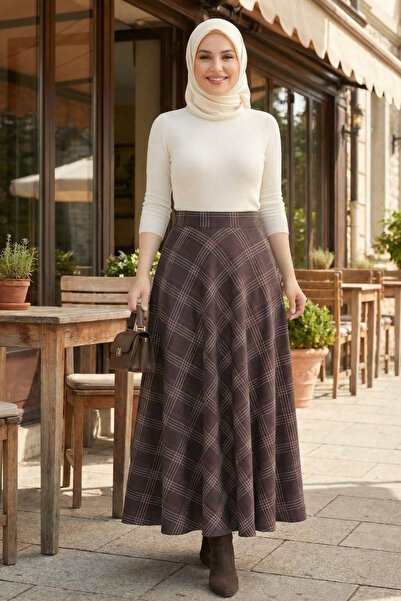 Hb Harma Time Butik Women's Plaid Fabric Patterned Brown Skirt