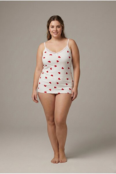 JENİKA Patterned Plus Size Combed Cotton Tank Top - Elegant Lace Collar