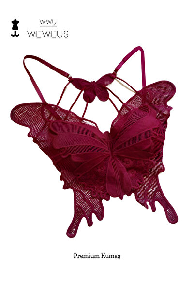 Weweus Burgundy Lace Padded Underwire Butterfly Bra Bustier