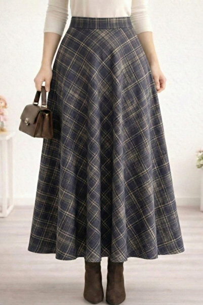 Hb Harma Time Butik Women's Plaid Fabric Patterned Khaki Skirt