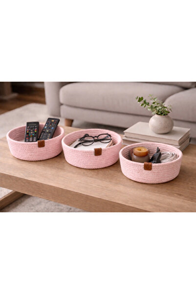 Naspar مجموعة سلال قطنية مخيطة باللون الوردي مكونة من 3 قطع - طاولة، تلفزيون،...