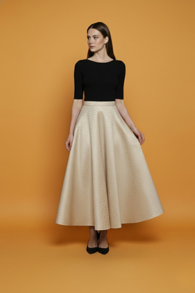 Lesa Wear Winter Patterned Puff Scuba Flared Elastic Long Skirt