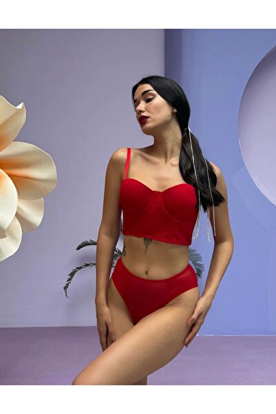 BERA İÇ GİYİM Kadın Kırmızı Simli Dolgulu Destekli Büstiyer Takım
