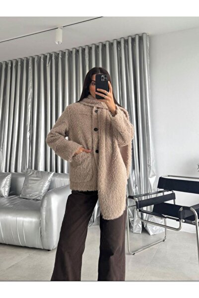 LİBREPRİVE Women's Plush Coat with Scarf Lining – Buttoned, Pockets, Oversize...