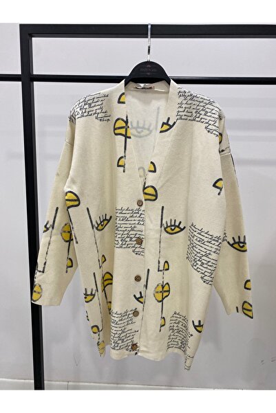 Hatun Atila Digital Printed Patterned V-Neck Buttoned Transitional Knitwear L...