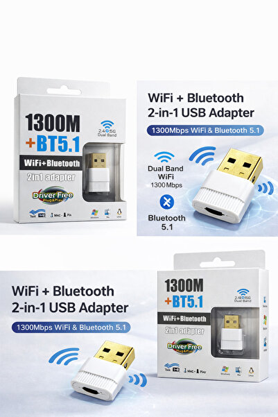 ALFATEC W167 5G 1300 Mbps USB Wi-Fi + Bluetooth 5.1 Adaptör – 2-in-1 Tırnak W...