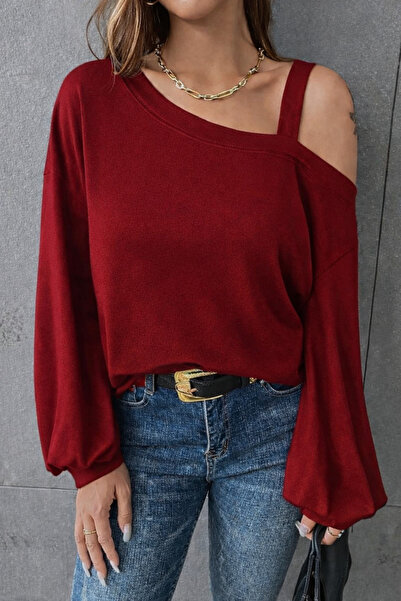 StilVibe Women's Long Sleeve One Shoulder Strap Detail Loose Blouse